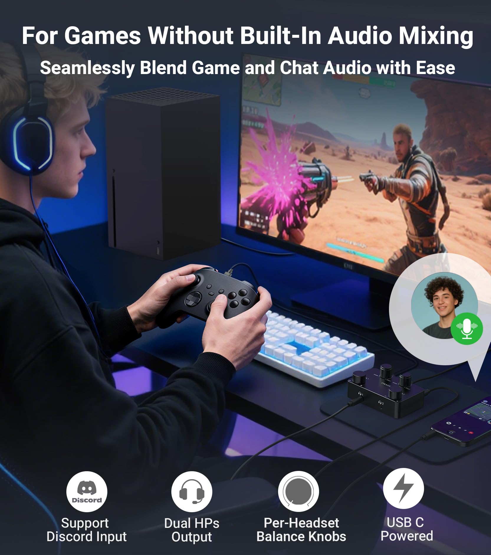 Cubilux Game Audio & Chat Mixer per Switch, PC, PS5, PS4, Xbox, Steam Deck, Discord – Mix Audio di Gioco e Chat Vocale, Uscita Doppia per Cuffie, Controllo Indipendente, Corpo in Alluminio