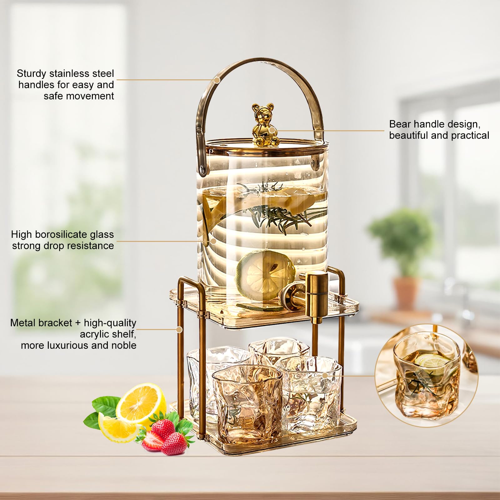 Getränkespender aus Glas,CEIEVER Eisgetränkeglas mit Zapfhahn aus Edelstahl und Ständer Wasserspender Glasbehälter für kalte Getränke mit 4 Gläsern Limonaden-Getränkespender für Partys (3000ML)