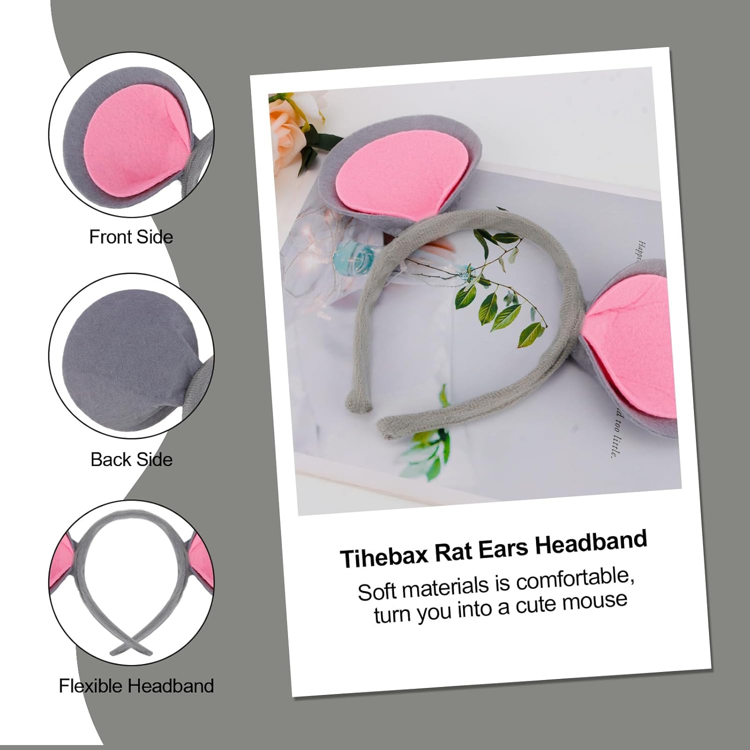 Mouse Ears Headband Gray Rat Ears Headbands for Adult Women Hair Accessories Rat Costumes Accessories Fuzzy Mouse Ears for Cosplay, Parties - Image 3