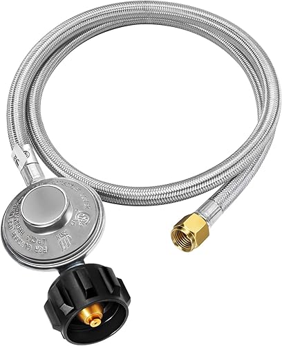 GasSaf Regulador de propano trenzado de acero inoxidable de 12 pies con manguera, regulador de parrilla universal de repuesto para regulador de