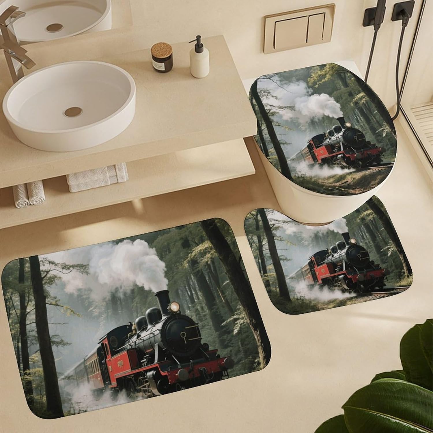 Steam TrainNon-Slip Bath Rug Set 4 Set