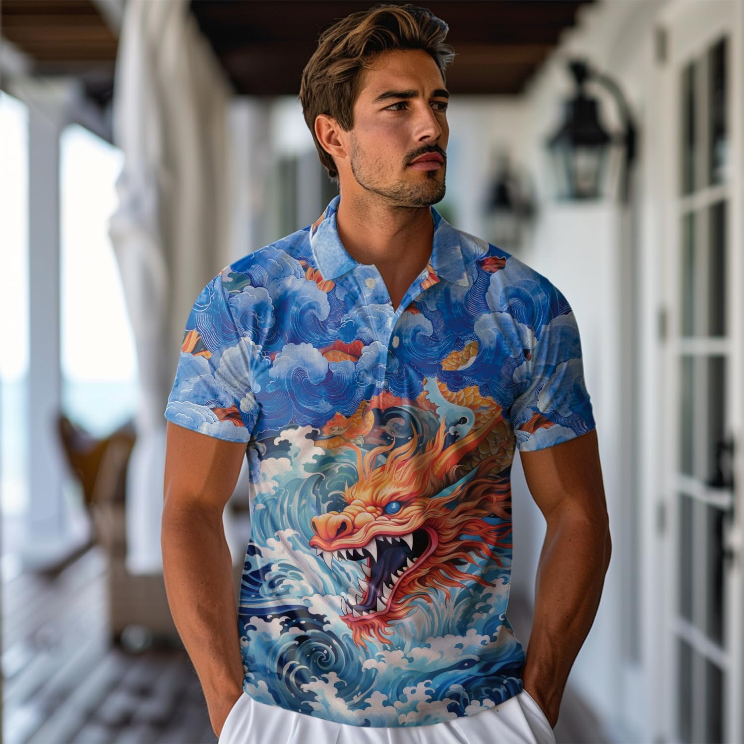 Dragon Polo Shirts for Men- Golf Moisture Wicking Dry Fit Short Sleeve Polo Shirts S14