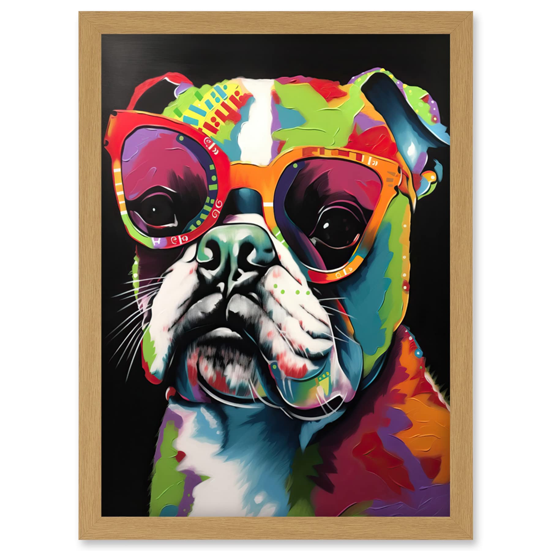 Artery8 Rainbow Colour English Bulldog Puppy in Sunglasses Artwork Framed Wall Art Print A4