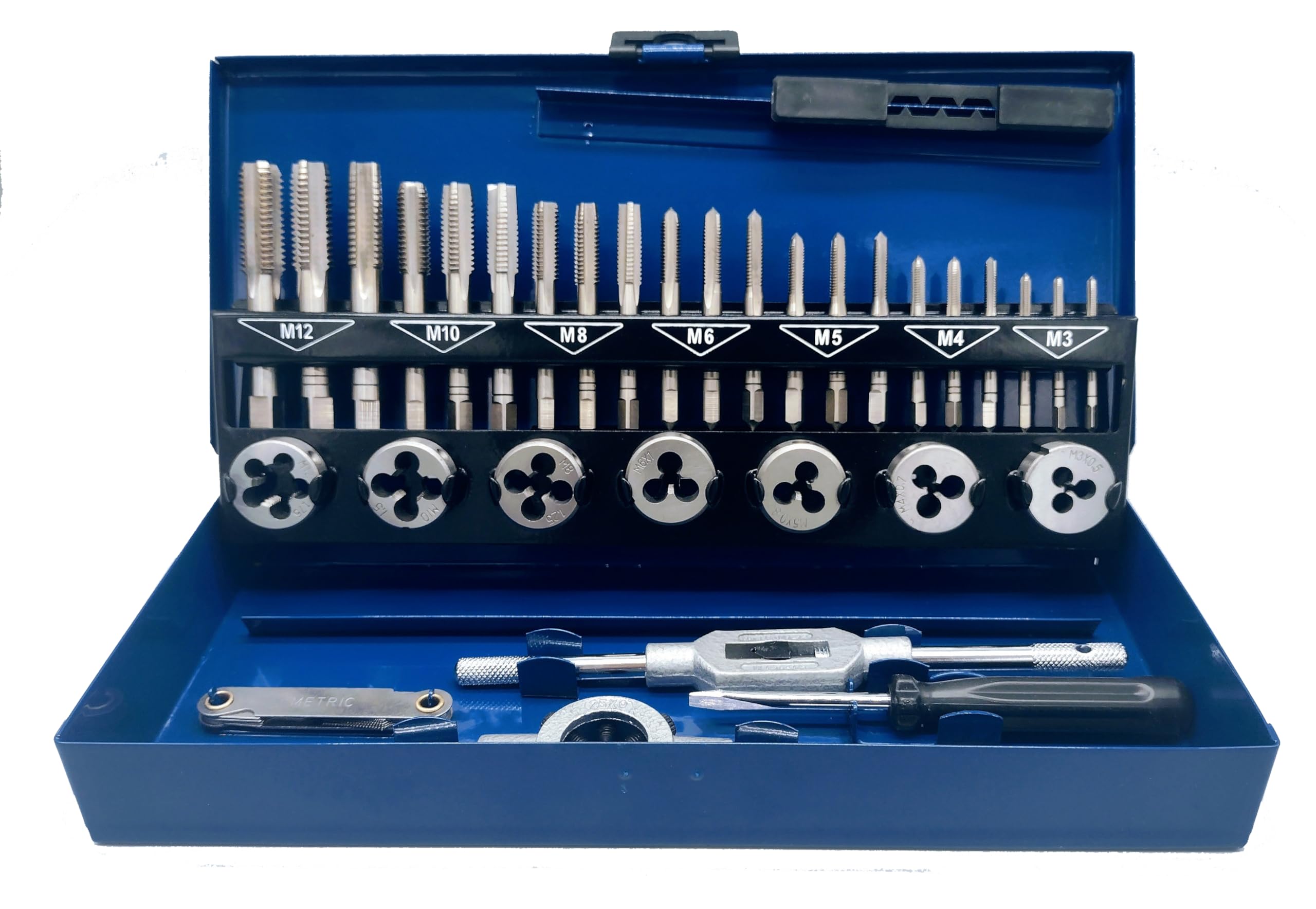 2352032 - Juego de machos de roscar (32 piezas, HSS, M3 – M12, incluye soporte para terrajas y machos de roscar, ideal para rosca interior y exterior, número de referencia: 2352032)