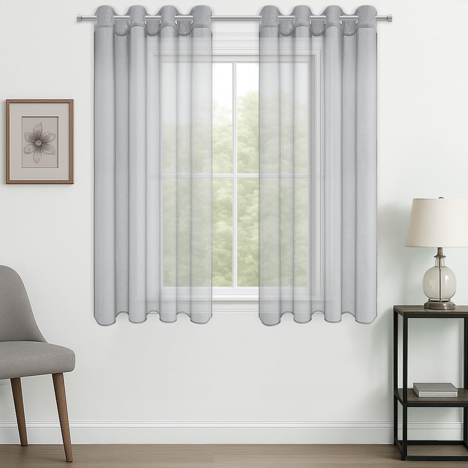 CUTEWIND Cortinas Cortas para Ventanas Cortinas Grises Dormitorio Juvenil 2 Piezas 140x137 cm, Cortinas Translucidas Salon Modernas Cortina Visillo con Ojales para Cocina Comedor Salón