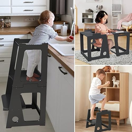 Miniatura 4 de QLFJ-FurDec Taburete de cocina para niños con riel de seguridad, 2 en 1 convertible de madera para niños, taburete de aprendizaje para niños, torre