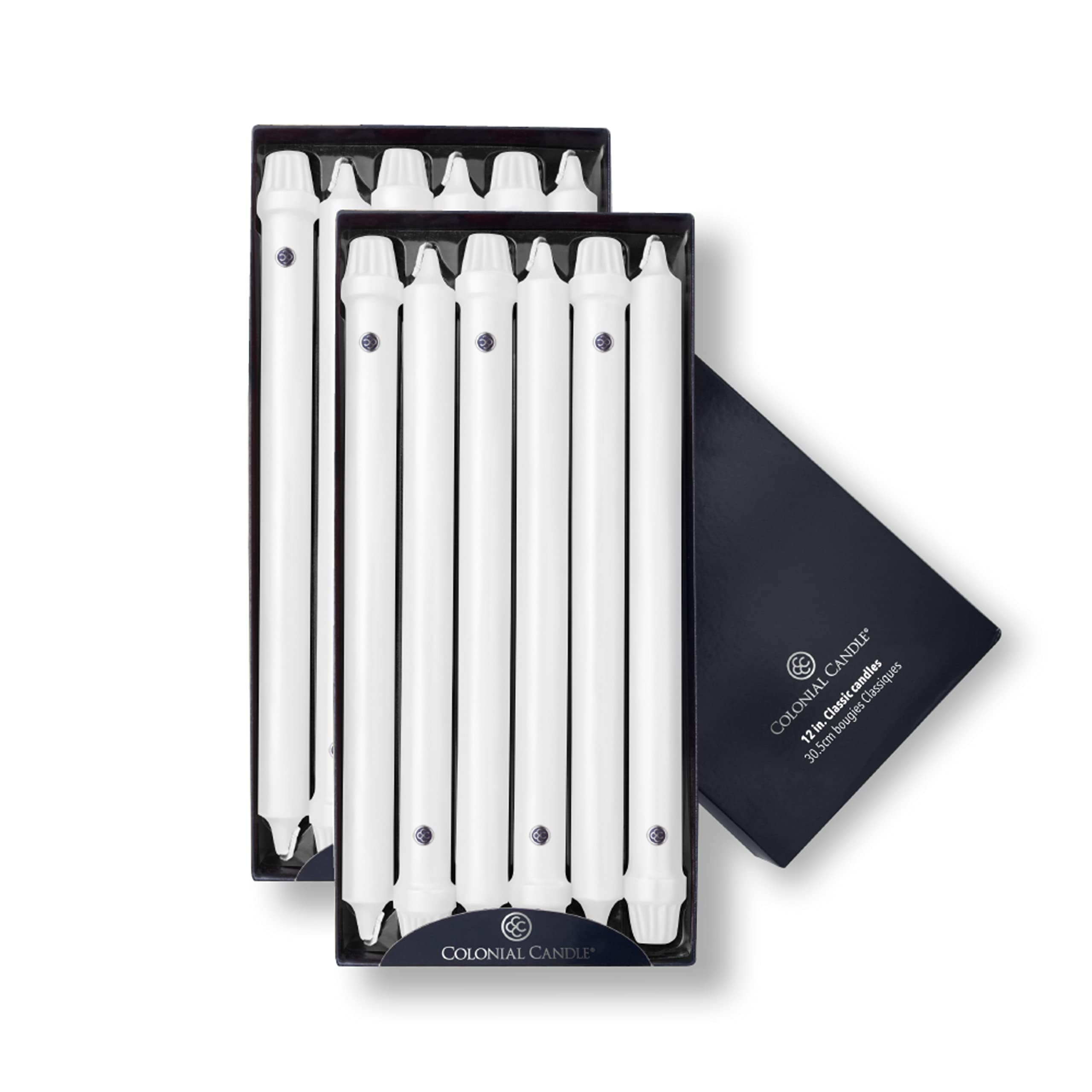 Colonial Candle Unscented Taper Candle, Classic Collection, White, 12 In, Pack of 12 - Up to 10 Hours Burn