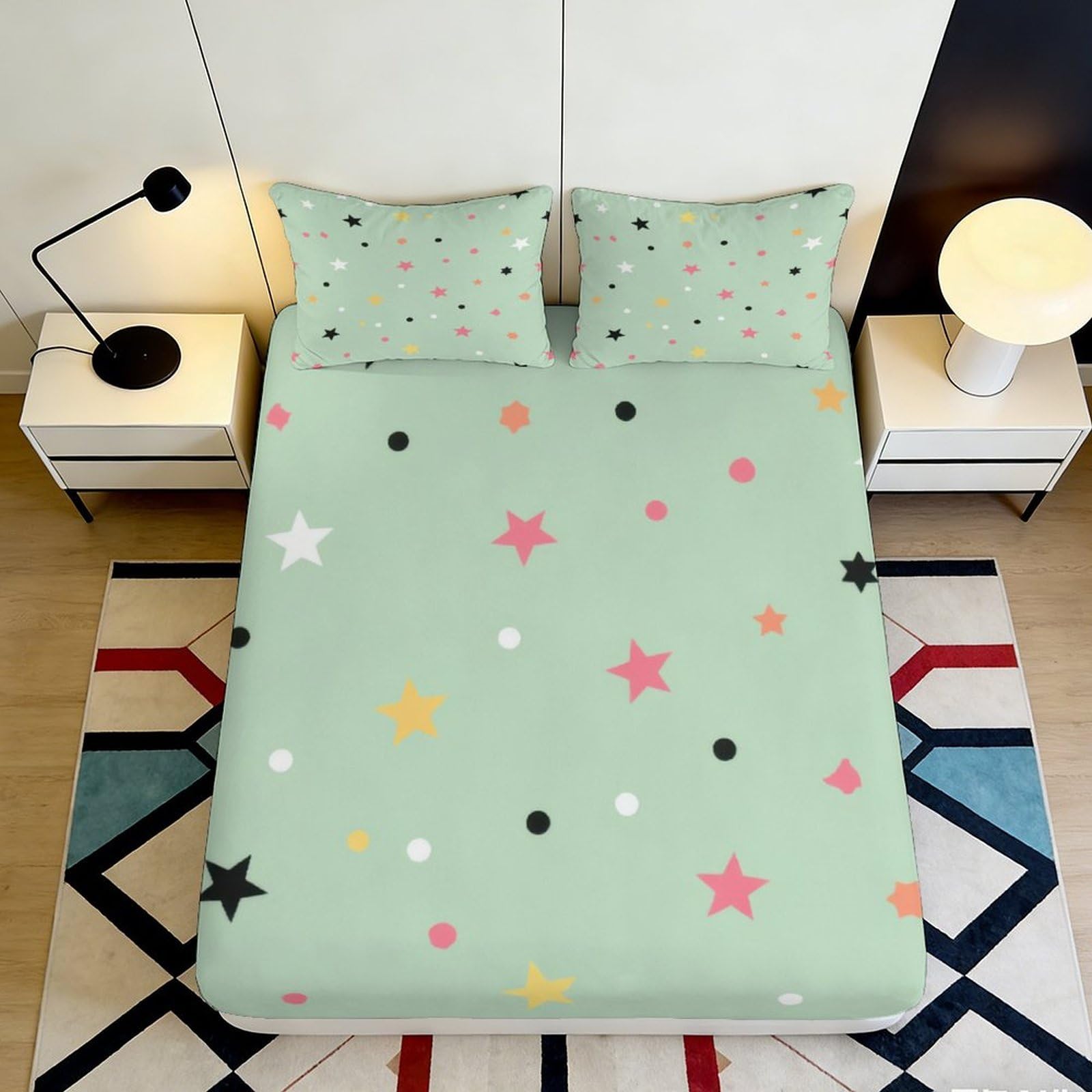 3D Printed Pastel Star Pattern Fitted Sheet Microfiber Soft Breathable Polka Dot Bed Cover for Bedroom Dorm Mattress Protection Decor 120x200x25cm