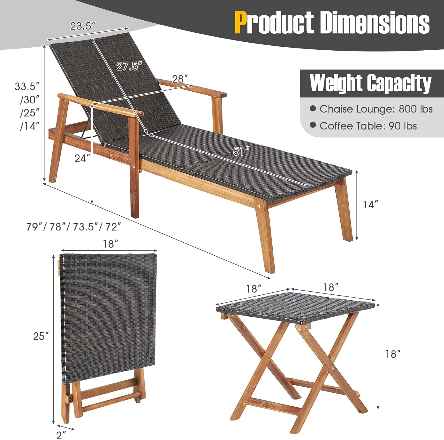 Tangkula 2 Piece Patio Chaise Lounge & Table Set, Outdoor Rattan Recliner w/Folding Side Table, 4-Level Adjustable Backrest, Solid Acacia Wood Frame, Recliner & Table Set for Backyard (Mix Brown)