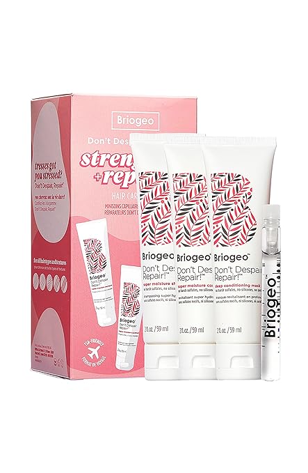 Briogeo Don't Despair, Repair! Strenthen + Repair Minis Kit, Repairs Dry, Damaged or Color Treated Hair,Travel Kit, Strengthens Hair, Hydrates Dry Hair, Vegan, Cruelty-Free, 4-Piece Set