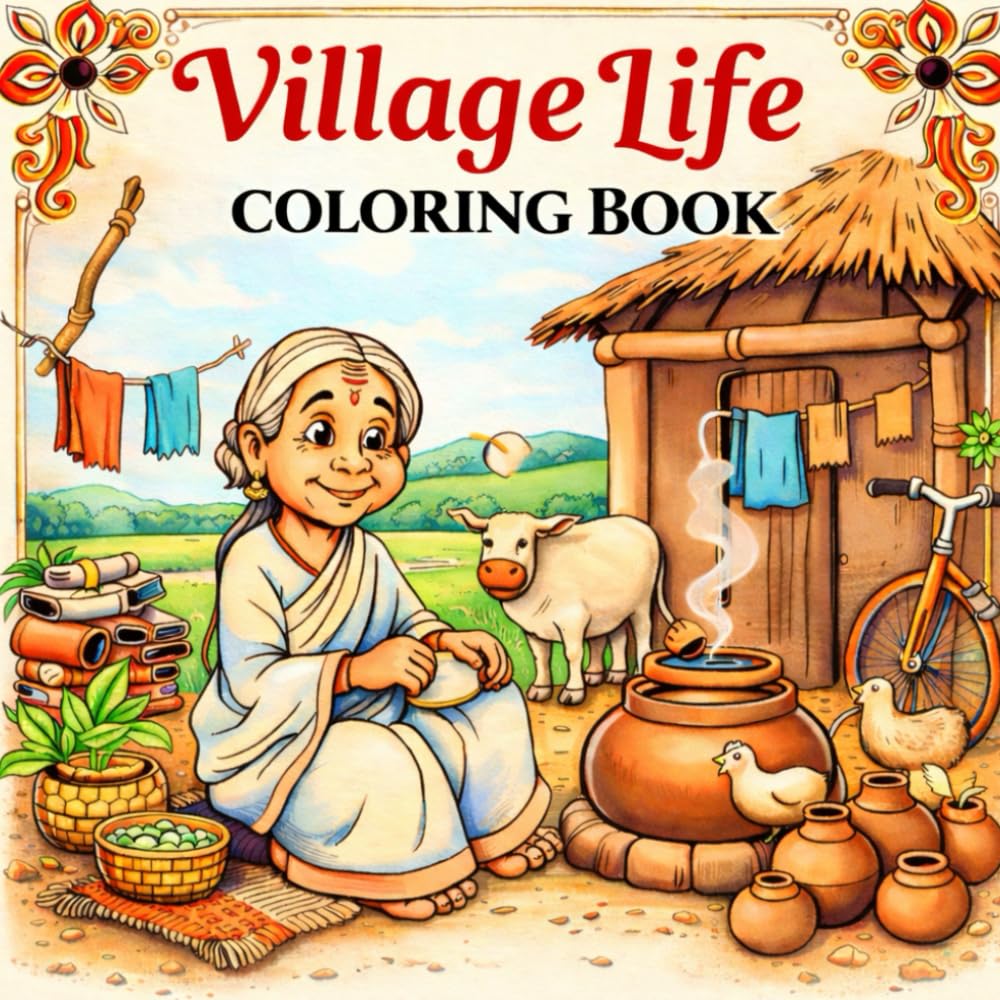 Village Life Nostalgia: 25 Charming Coloring Pages of Traditional Village Scenes for Kids