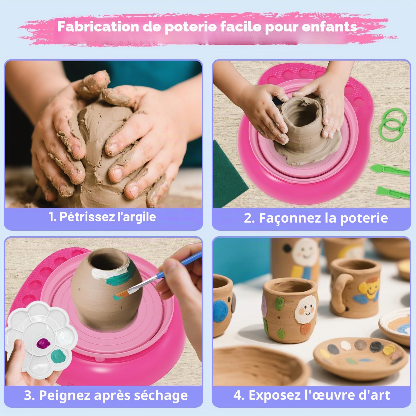 Tour de Potier pour Enfants avec Kit d'Argile-Loisirs Créatifs Enfants 6-12 Ans, Kit de Poterie Complet avec Argile Auto-Durcissante et Outils de Peinture, Cadeau Pâques Noël Anniversaire Garçon Fille