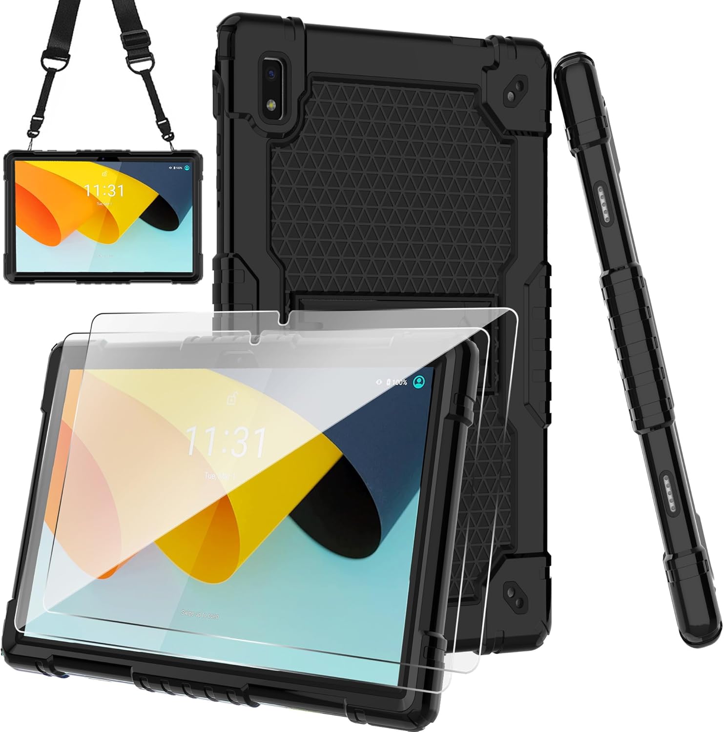for BYYBUO Tablet 10.1 inch Android 14 Tablet Case with Shoulder Strap Hard Back Hybrid Shockproof Kids Friendly Case for BYYBUO 10.1 inch Smartpad A10_L (Black+2PCS Glass)