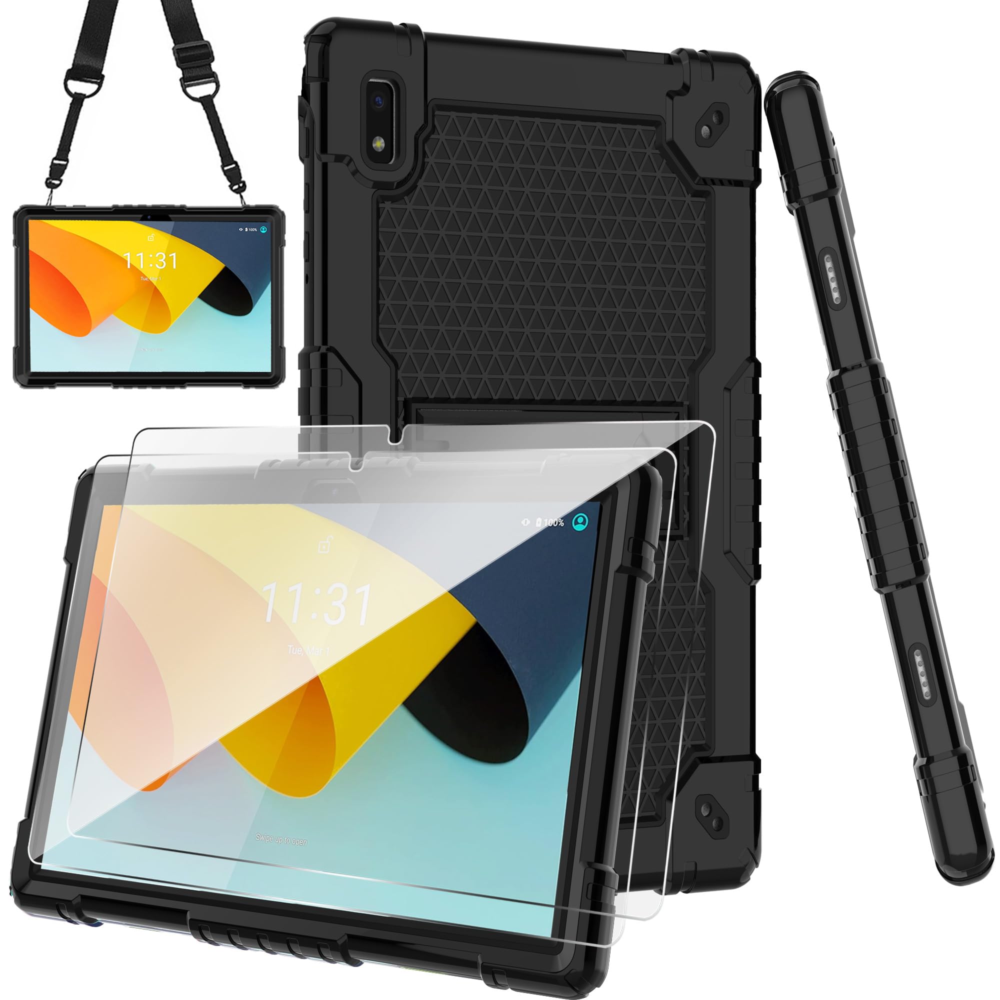 for BYYBUO Tablet 10.1 inch Android 14 Tablet Case with Shoulder Strap Hard Back Hybrid Shockproof Kids Friendly Case for BYYBUO 10.1 inch Smartpad A10_L (Black+2PCS Glass)