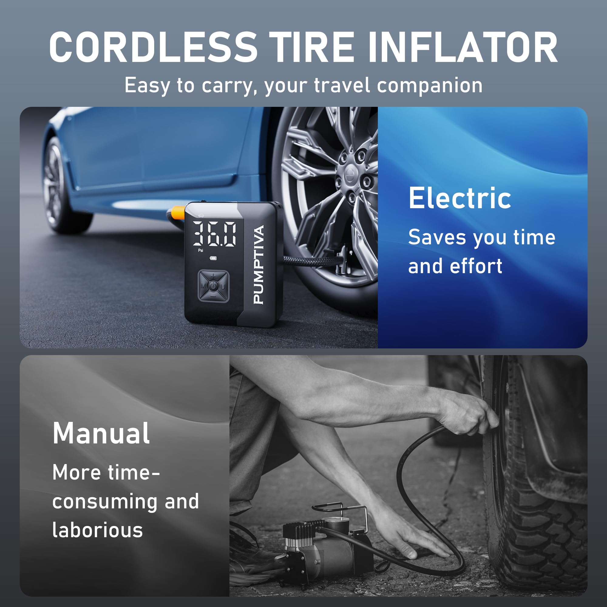 Pumptiva Tire Inflator Portable Air Compressor, 3X Faster Portable Tire Inflator for Car 150PSI Air Pump for Car Tires with LED Light, Auto Shut-Off for Motorcycle, Bicycle, Bike, Ball (Black)