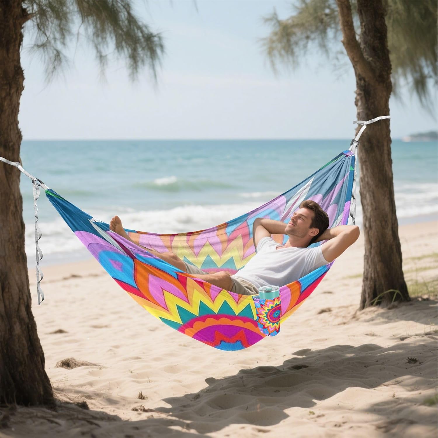 Mandala Floral Colorful Cyan Camping Hammock Rope Hammock for Indoor Outdoor Patio