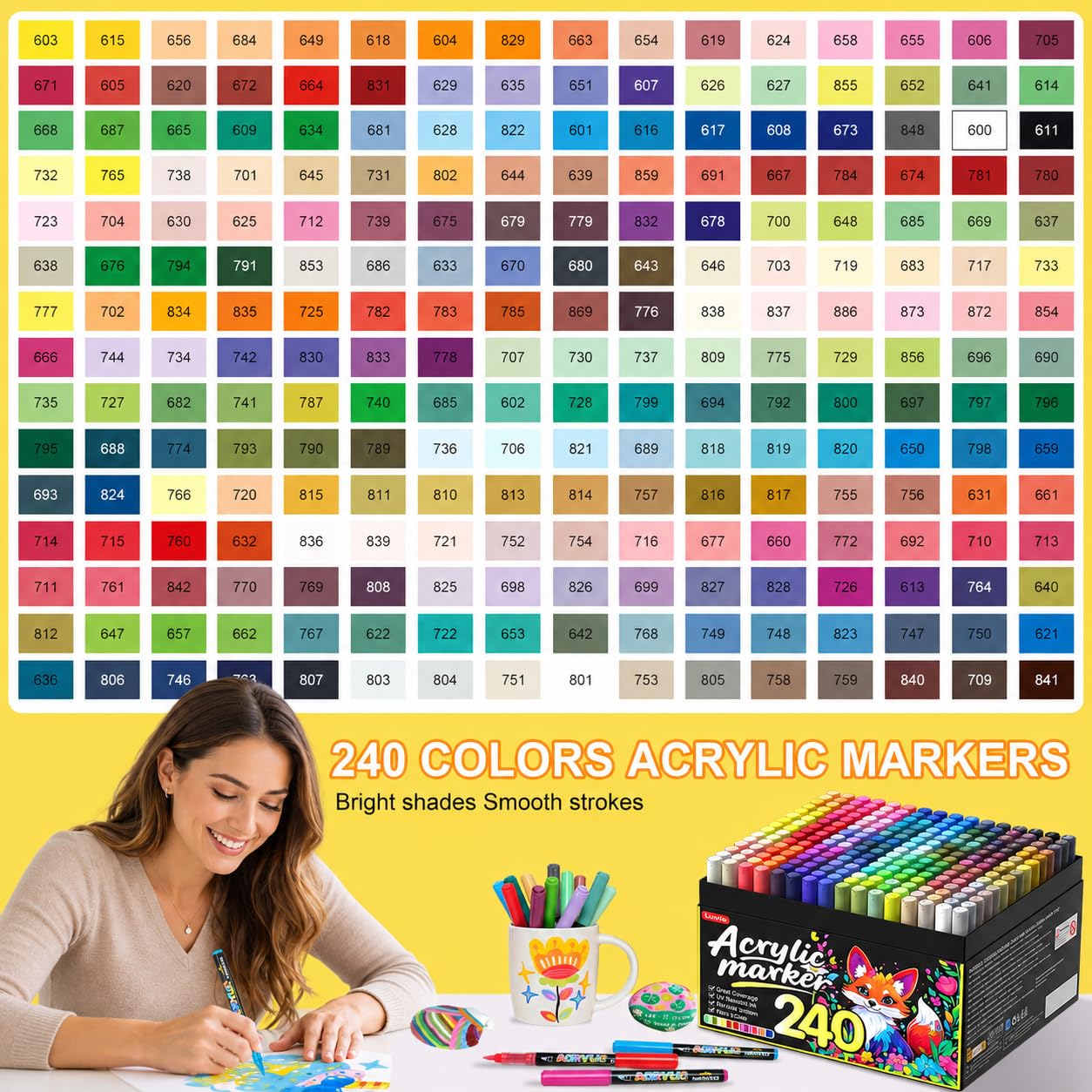 Lyuvie 240 Couleurs Feutre Acrylique, Acrylic Paint Brush Marker à Peinture à Base D'eau, Marqueur Peinture Acrylique pour Pierre,Bois,Galets,Papier, Tissu,Verre, Plastique