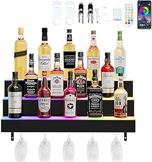 Dethan 3 Tier 30 Inch LED Lighted Liquor Bottle Display Shelf - Wall-Mounted Wine Rack with Multi-Color App & Wireless Remote Control, Adjustable Brightness & Sound Modes, Acrylic Bar Shelves Displays