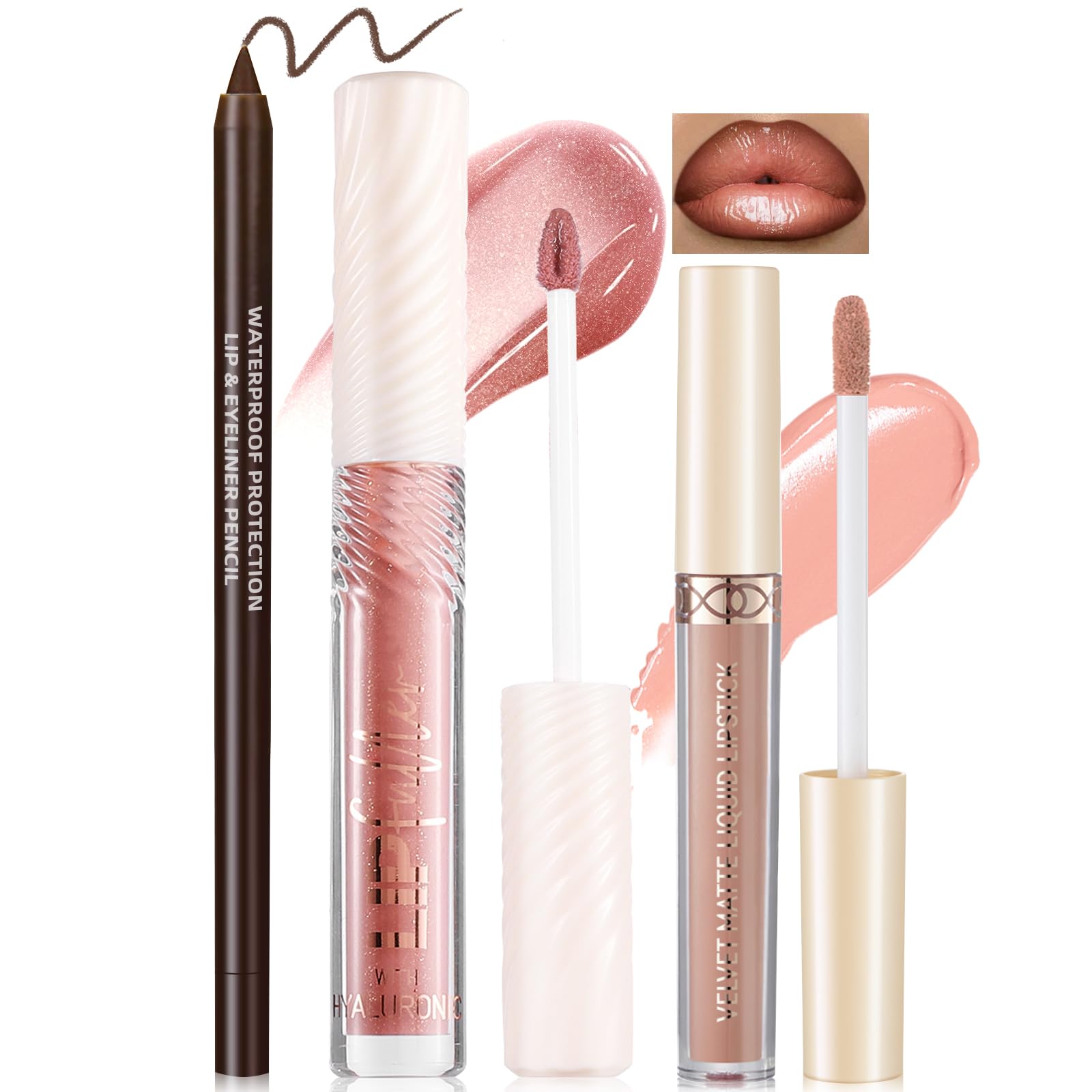 Noerrors 3 in 1 Nude Peach Lip Kit with Beige Liquid Lipstick Hydrating Lip Gloss Liner Trio, Matte Velvet Lip Glaze Moisturizing Lip Gloss and Creamy Lip Pencil Set, Long Wear Glossy Pale Lip Combo Set A:Nude peach