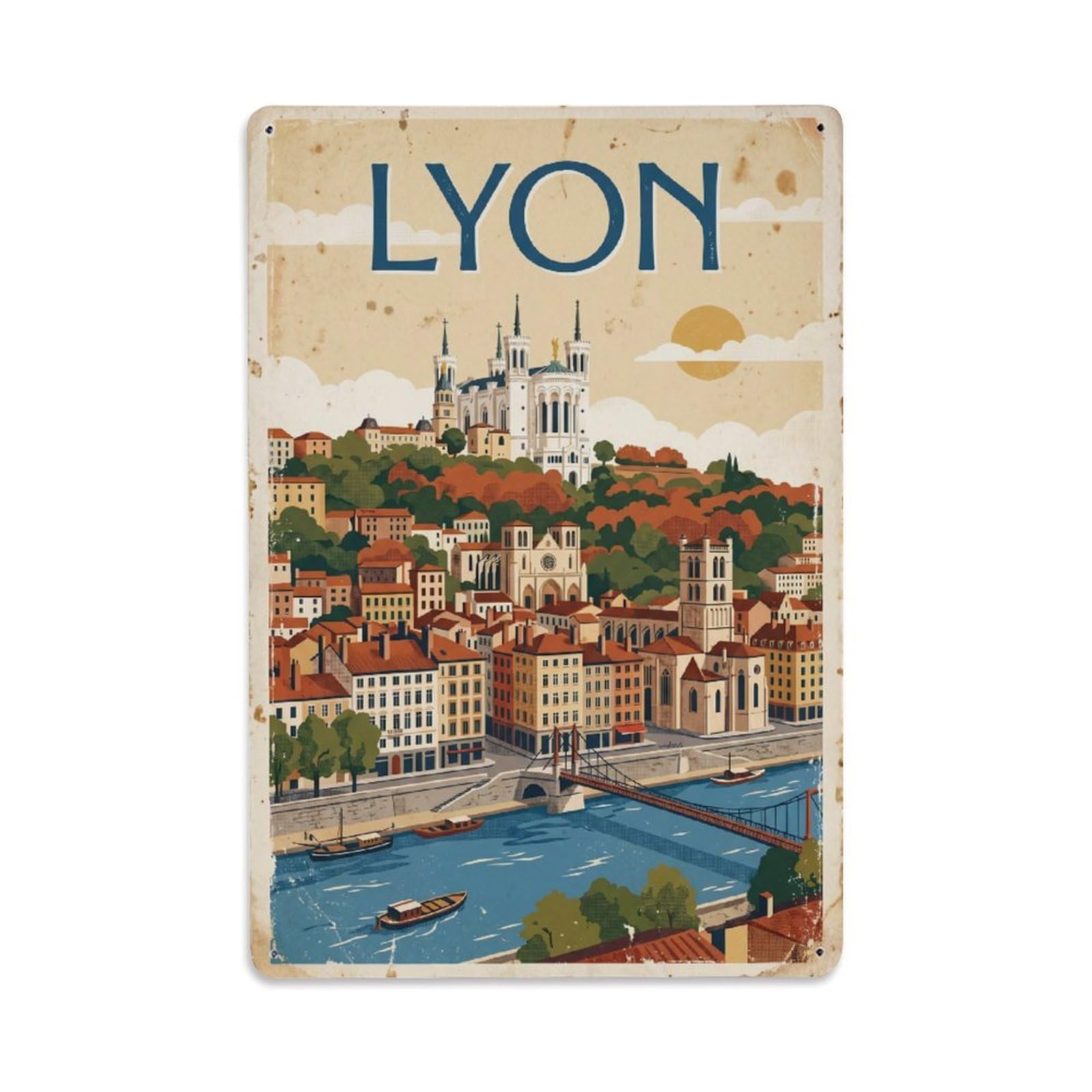Cmhok Vintage Style Vintage Travel Lyon France Metal Tin Sign Wall Decor For Cafe, Club, Garden Metal Poster 8X12inch
