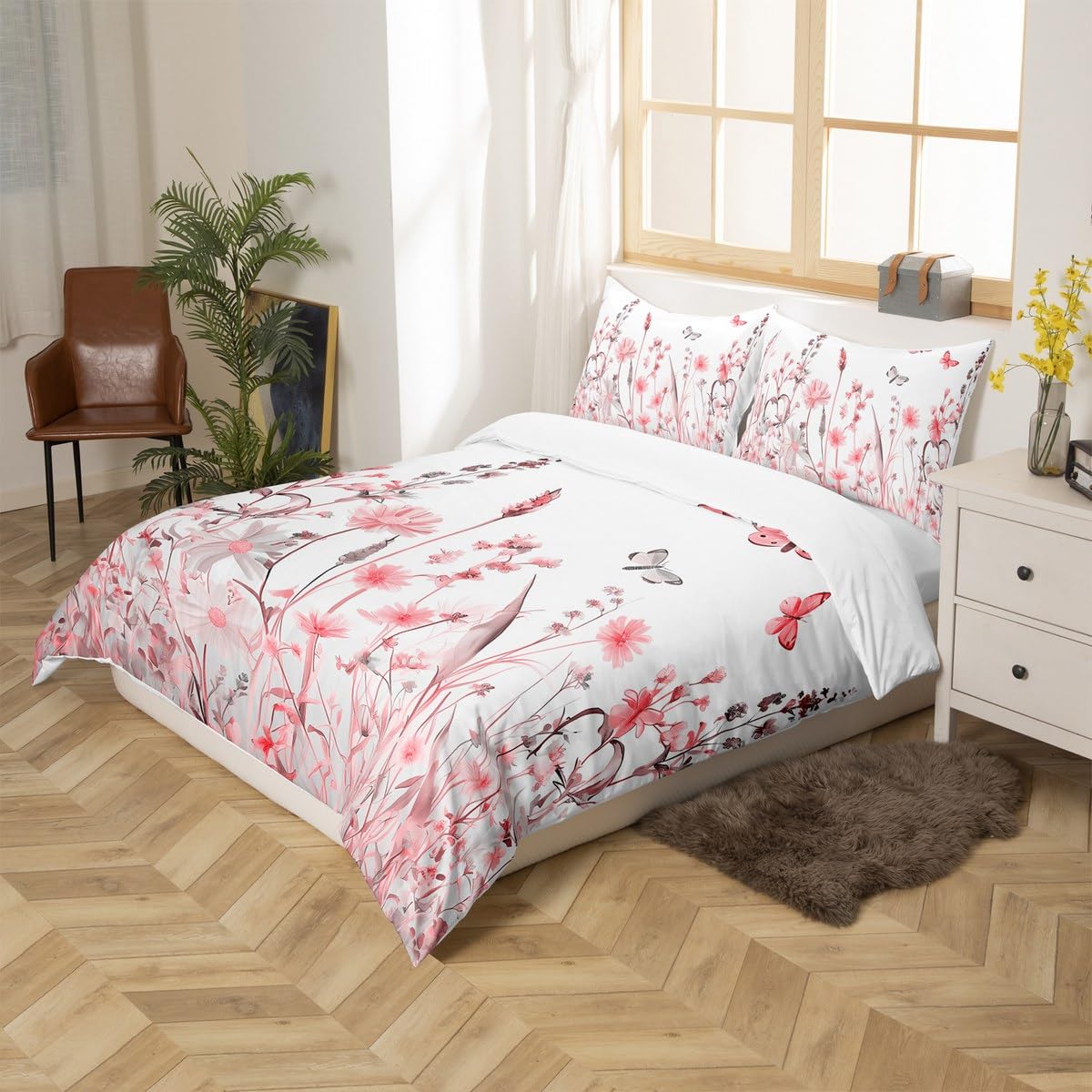 Homemissing Red Pink Flowers Pattern Duvet Cover Set King Size for Girls Adults Women Kids Butterflies Print Bedding Set Garden Flower Comforter Cover with 2 Pillowcases Nature Theme Zipper - Image 2