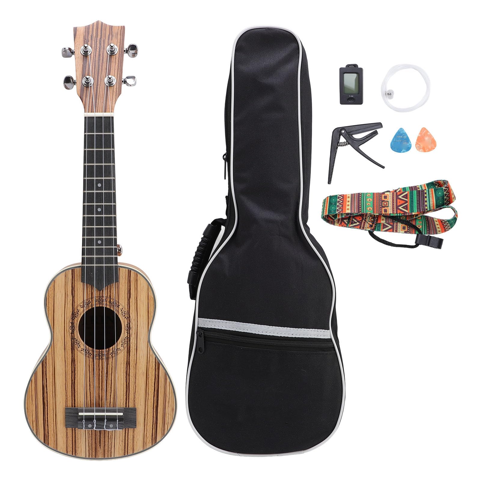 VGEBY Sopran-Ukulele aus Zebraholz, 53,8 cm (21 Zoll), für Anfänger, mit Tasche, bequeme Plektren für Kinder, Erwachsene, Studenten