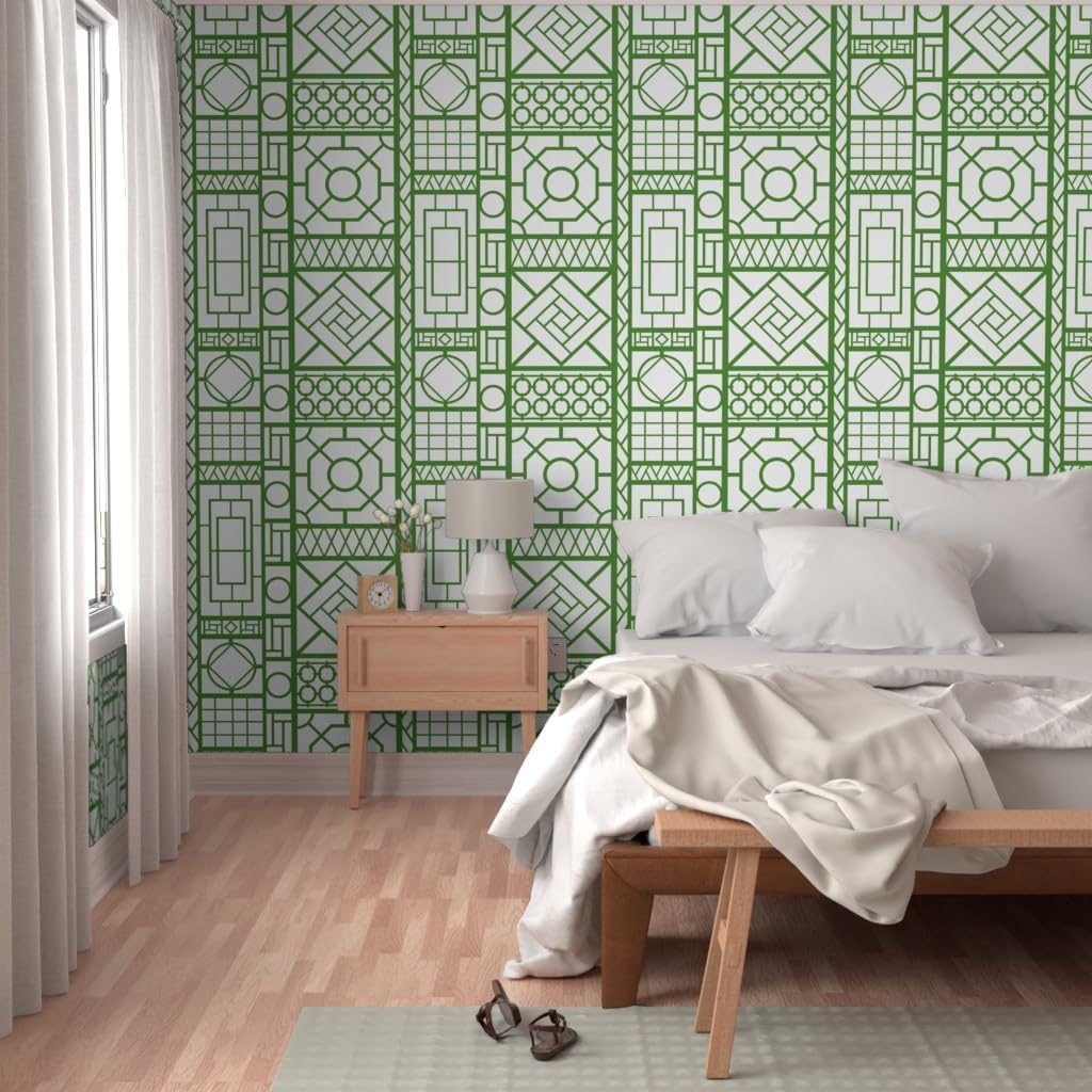 Removable Wallpaper Swatch - Trellis Green Bamboo Lattice Chinoiserie Palm Beach Custom Pre-Pasted Wallpaper by Spoonflower