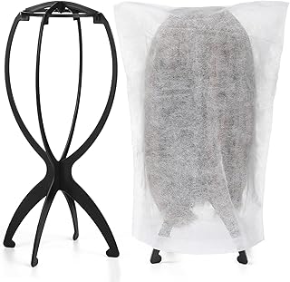 2 Pack Wig Stand with 2Pcs Wig Dust Bag, Travel Wig Head Stand Holder for Women Multiple Wigs Styling, Black, Hair Length Under 40cm/15.74in