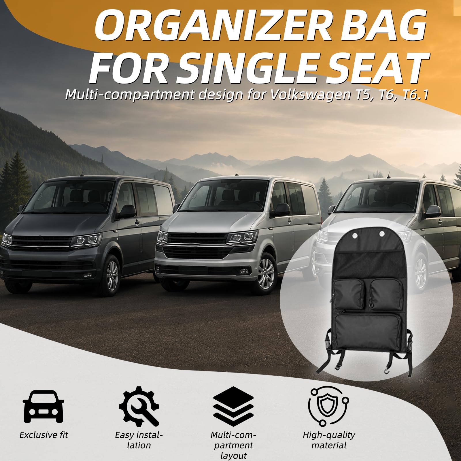 Organizer na fotel samochodowy, torba do przechowywania z wieloma przegródkami, pasuje do Volkswagena T5, T6 i T6.1, wodoszczelna i odporna na wilgoć, idealna na kemping i podróże