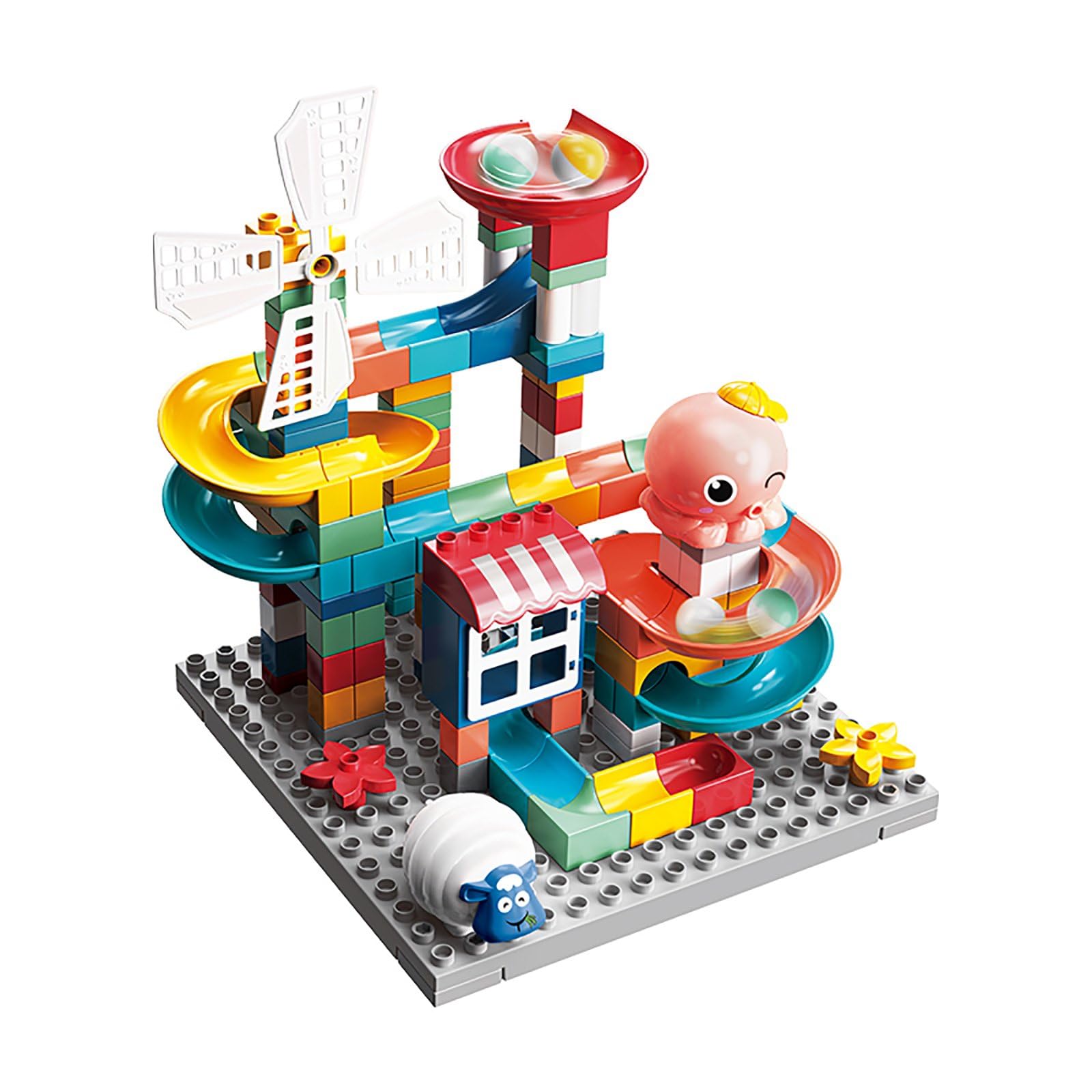 X springMarble Run Toy, 155 Pcs Marble Run Building Blocks Sets with Windmill, Base Plate, Multicolor Race Track for Girls, Boys, Kids, Construction Learning