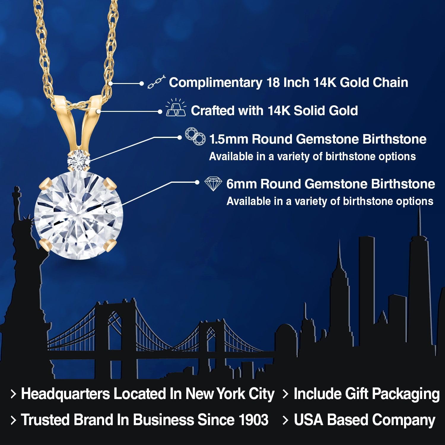 Gem Stone King 14K Yellow Gold White Moissanite and White Diamond Pendant Necklace for Women | 0.82 Cttw | Gemstone Birthstone | Round 6MM | With 18 Inch Chain