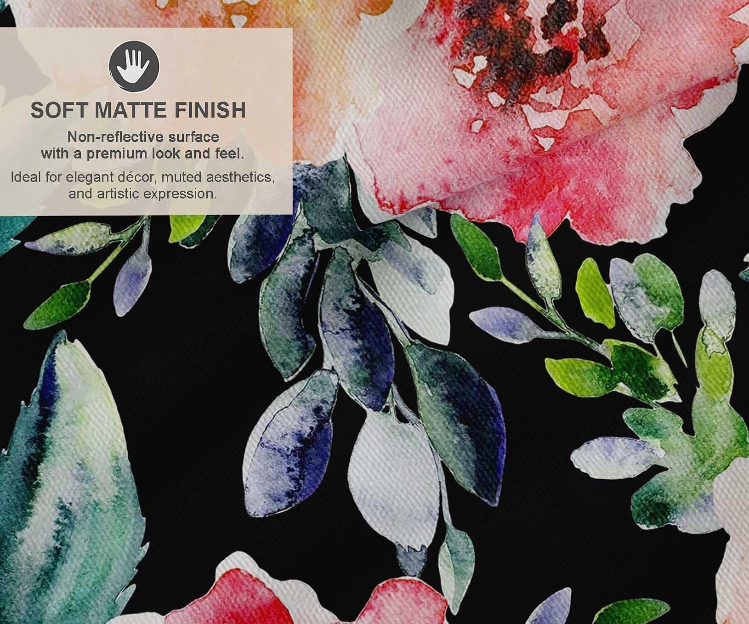 Soimoi Cotton Canvas Black Fabric - by The Yard - 56 Inch Wide - Flower & Leaves Watercolor Palette Material - Botanical and Soft Patterns for Stylish Creations Printed Fabric