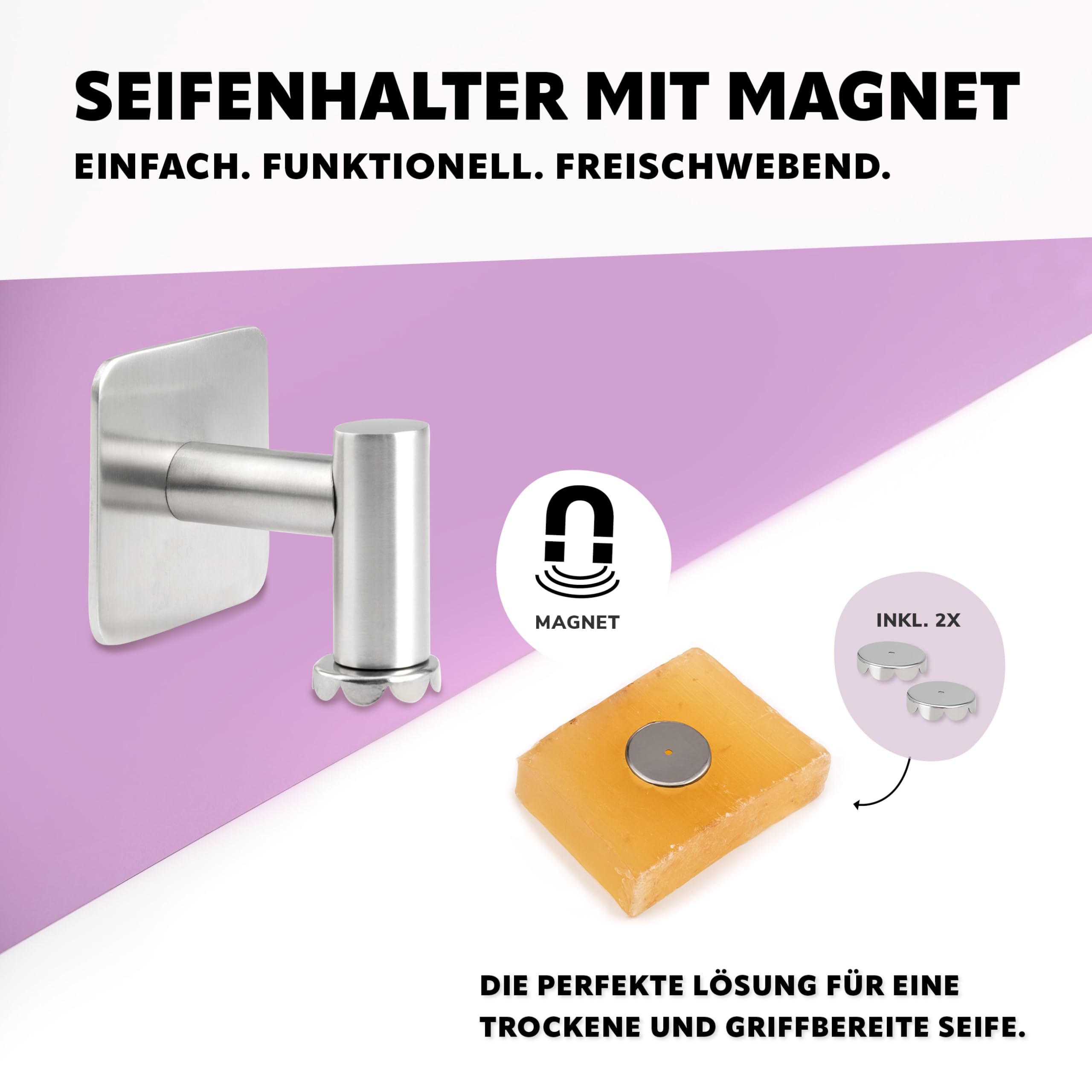 bremermann Magnet-Seifenhalter 2er Set, ideal geeignet für Feste Seifen und Shampoos - frei hängend durch Magnet - Montage durch Ankleben, aus mattem Edelstahl