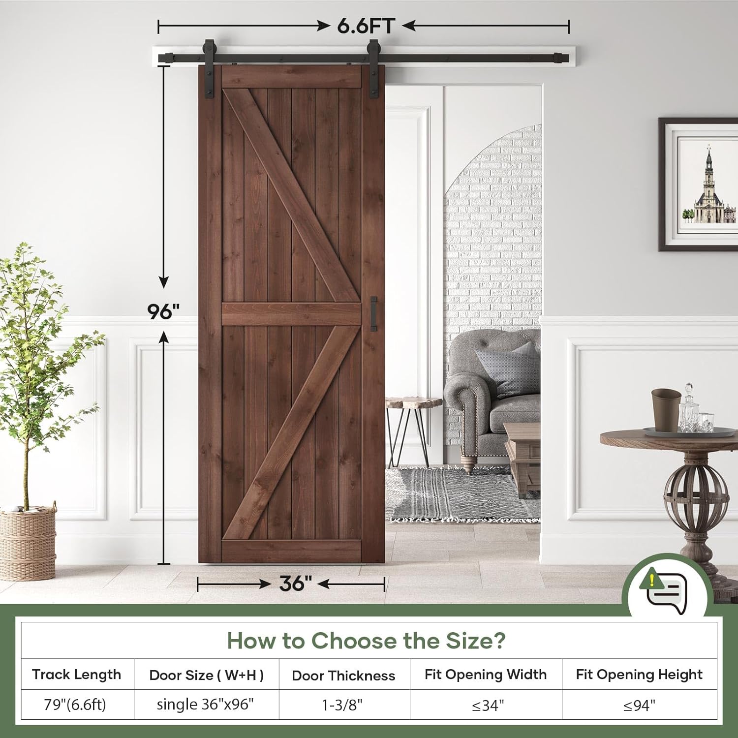 36x96 inch Sliding Barn Wood Door Slab with 6.6ft Hardware Kit and Handle, Coffee, K Shape, Simple DIY Assembly