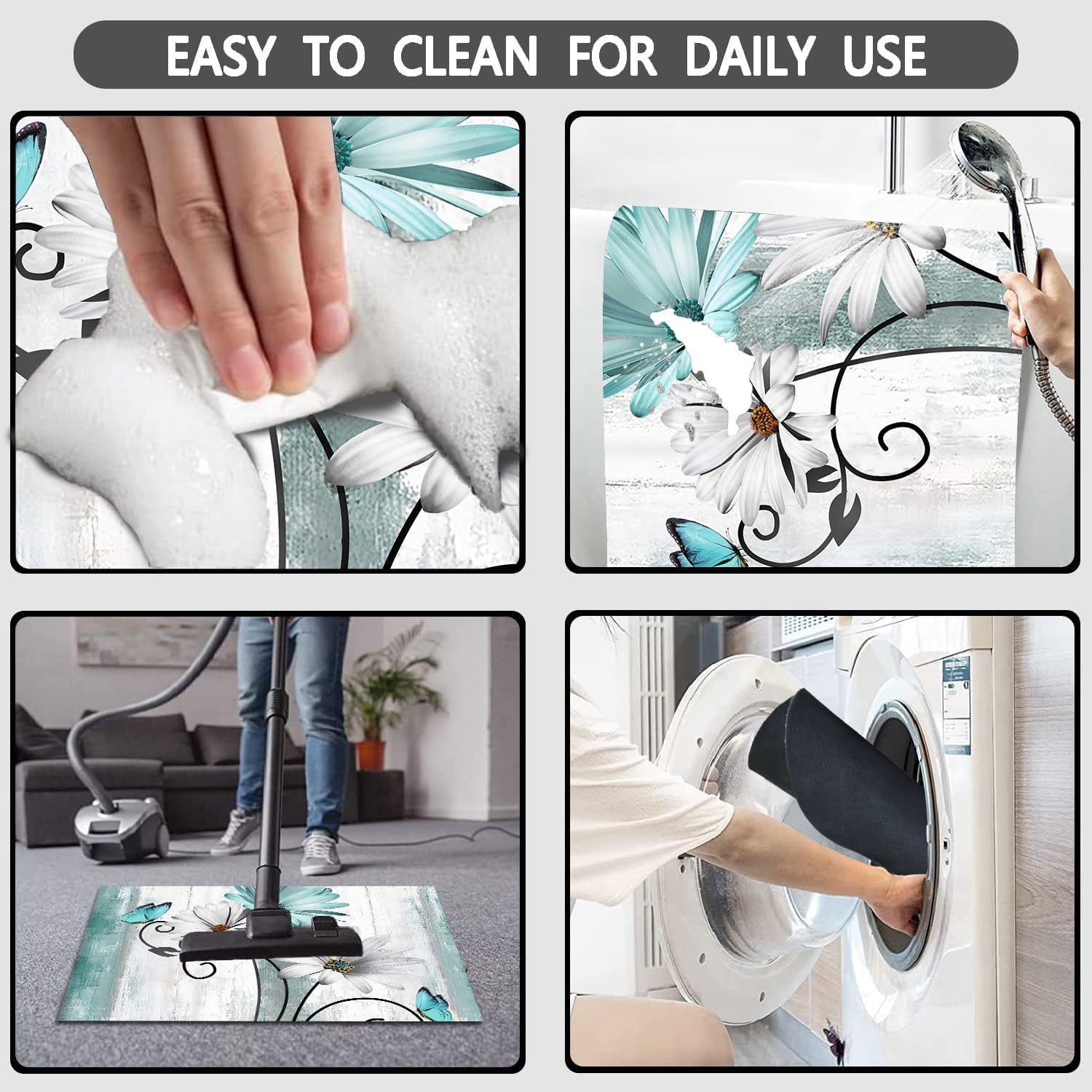 MUGINYU Teal Daisy Floral Bath Rug Sets 3 Piece, Rustic Farm Farmhouse Bath Mat Quick Dry Thin Rubber Diatomaceous Earth Turquoise Blue Flowers and Butterfly on Country Wood Bathroom Vintage Decor