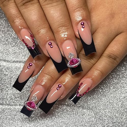 Miniatura 9 de Uñas postizas a presión con punta francesa blanca, uñas postizas largas cuadradas 3D con diamantes de imitación, uñas acrílicas nude, cobertura