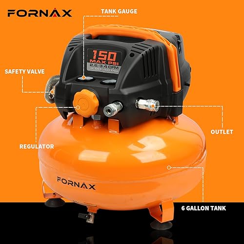 Miniatura 2 de FORNAX Compresor de aire para panqueques con dos acopladores, compresor de aire eléctrico portátil de 6 galones, 150 PSI, sin aceite