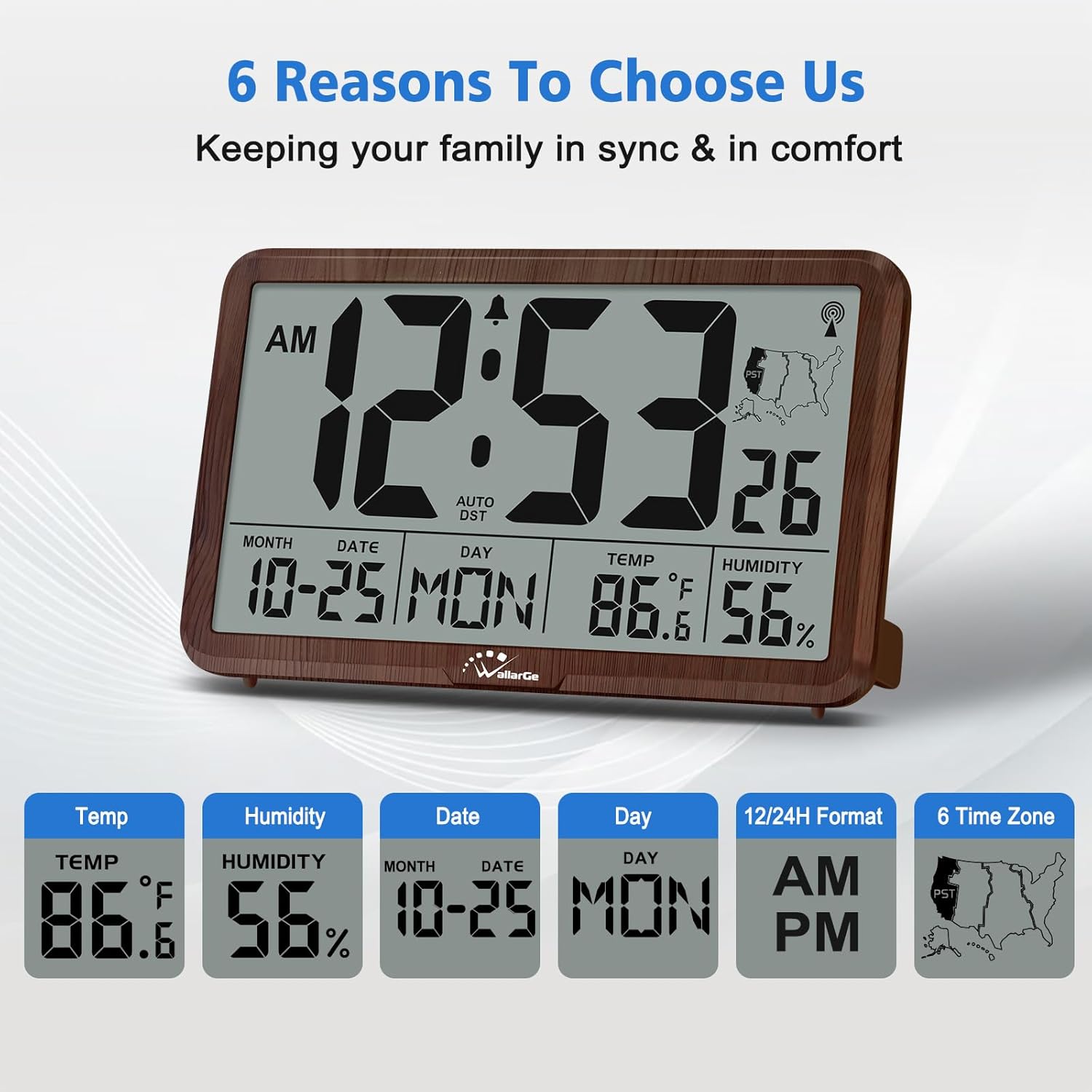 WallarGe Atomic Wall Clock with Backlight, Digital Wall Clock Battery Operated for Classroom, Bedroom, Office, Large Display with Indoor Temperature, Humidity, Date, AUTO DST, 6 Time Zones