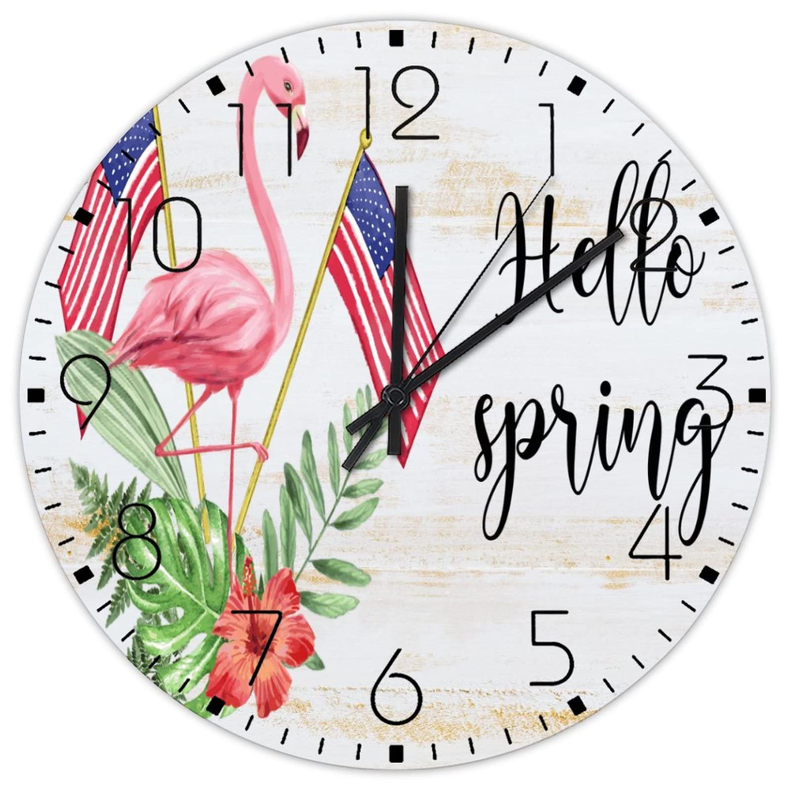 Horloge murale en bois ronde 38cm motif flamant rose et drapeau américain
