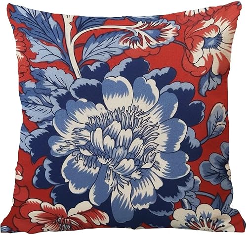 Miniatura 6 de Funda de almohada floral china roja y azul inspirada en Asia, funda de cojín de 20 x 20 pulgadas, funda de almohada decorativa antigua, decoración