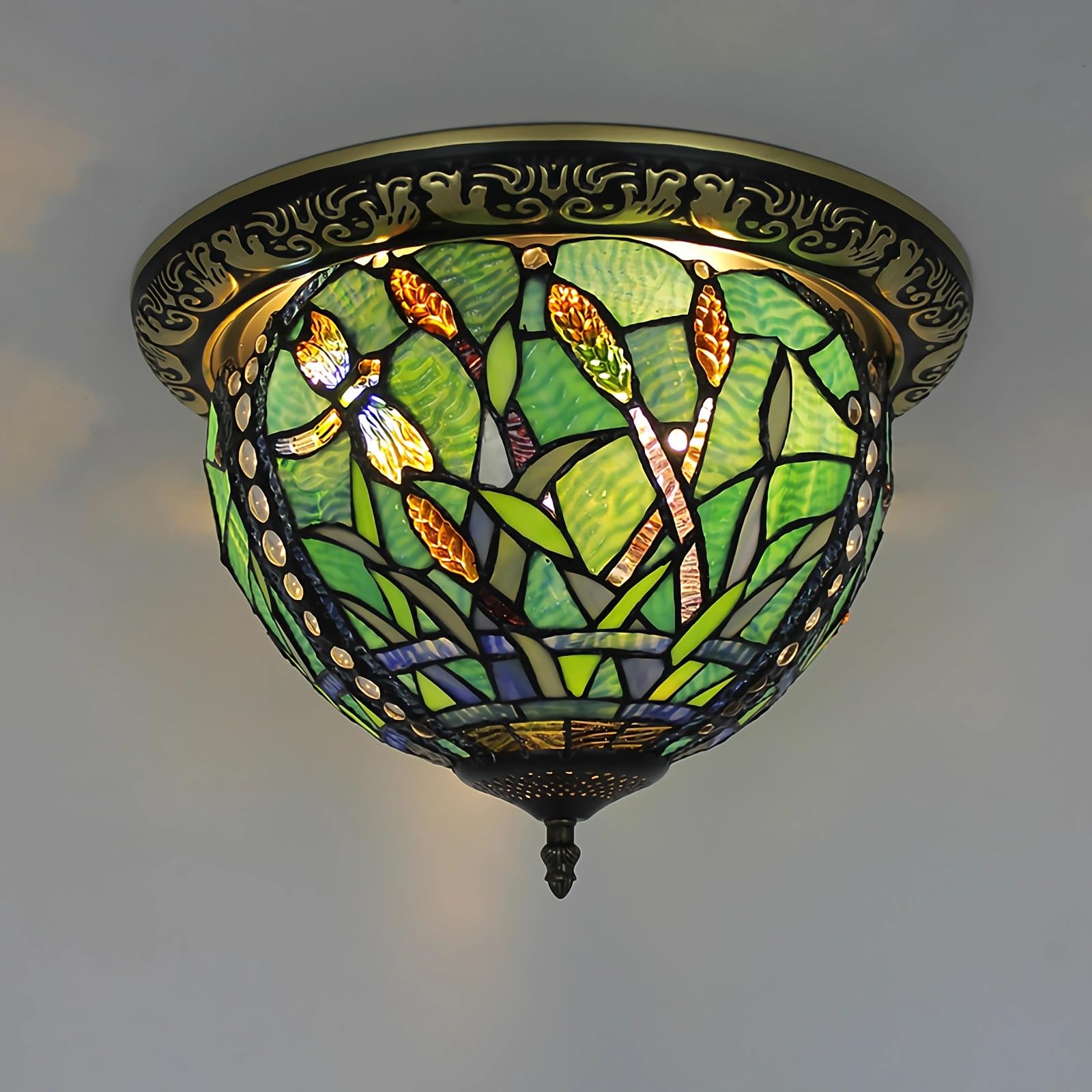 WDBZTJ Tiffany Style Ceiling Light Flush Mount, 15 inch Stained Glass Ceiling Lamp, E27 Bulb, Vintage LED Chandeliers for Living Room Bedroom(C2)