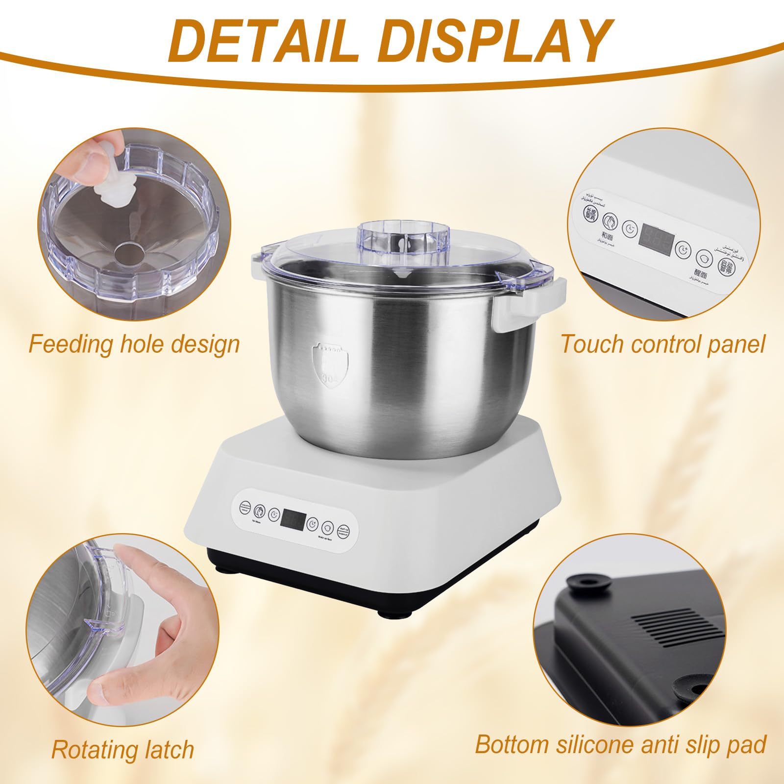 Edelstahl Teigmehl Mixer, 7L Teigknetmaschine mit Fermentierungsfunktion, Edelstahl Teigmaschine mit Timing, Touch Panel, auswechselbarer Klinge für das Backen zu Hause