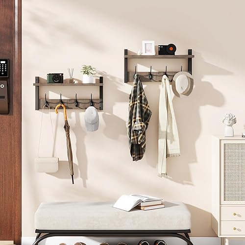 Miniatura 2 de YMYNY Estante Perchero montado en la pared, juego de 2 ganchos para abrigos, perchero de entrada con 8 ganchos, estante flotante de pared de 31.5