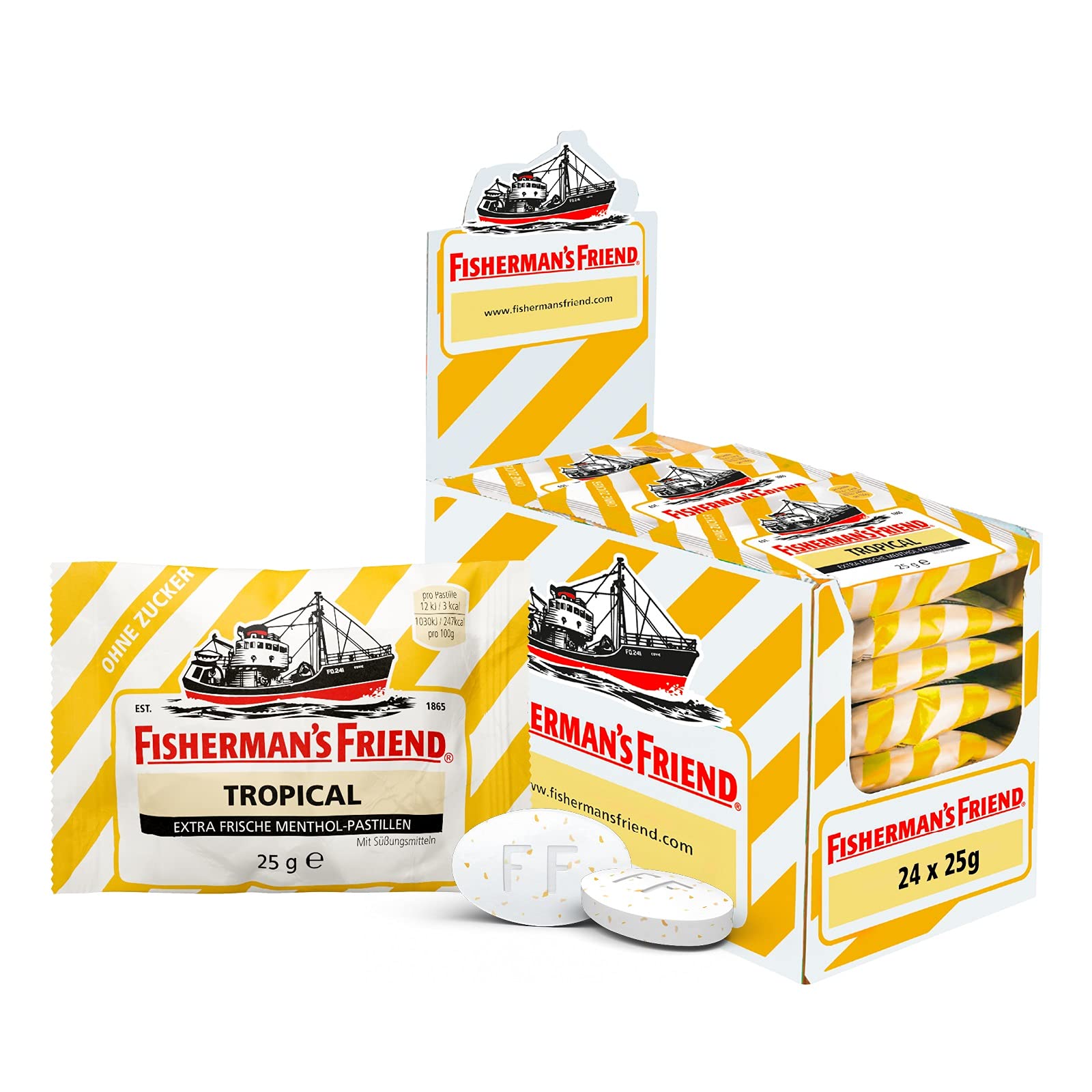 Fisherman’s Friend Tropical, 24er Vorratsbox, Exklusive Sorte: Ananas, Melone, Guave Geschmack, zuckerfrei, vegan, Bonbons für frischen Atem, 24x25g