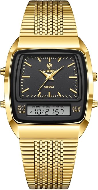 Men’s Retro Analog-Digital Watch, Square Case, Quartz Dual Time with Alarms & Stopwatch, 30M Water Resistant, Mineral Glass, Stainless-Steel Bracelet