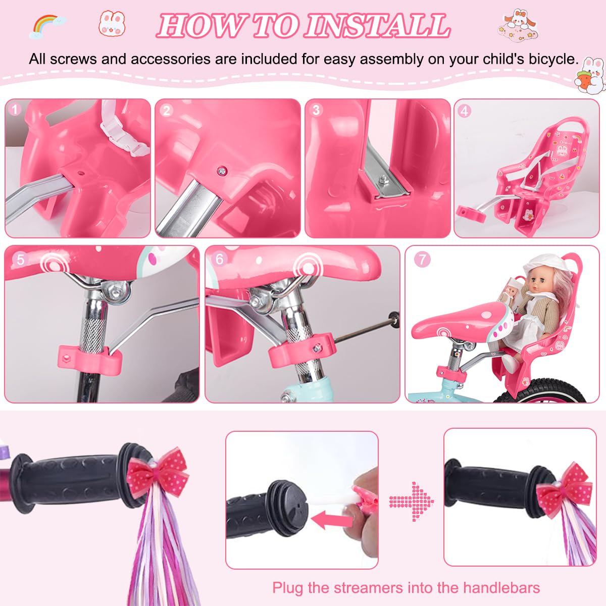 Seggiolino per Bicicletta per Bambole, Set di Sedili per Biciclette di Bambole con Adesivi Fai da Te e Manubrio Stelle Filanti, Accessorio Bicicletta per Bambini