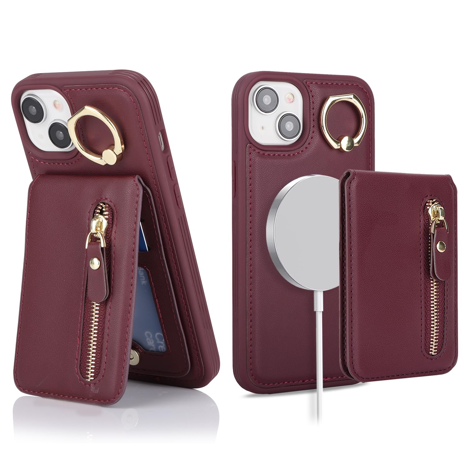 ?????? for iPhone 14 plus Case for women with Card Holder iphone 14 plus phone case magsafe compatible leather zipper phone wallet detachable 2-in-1 magnetic-Wine Red
