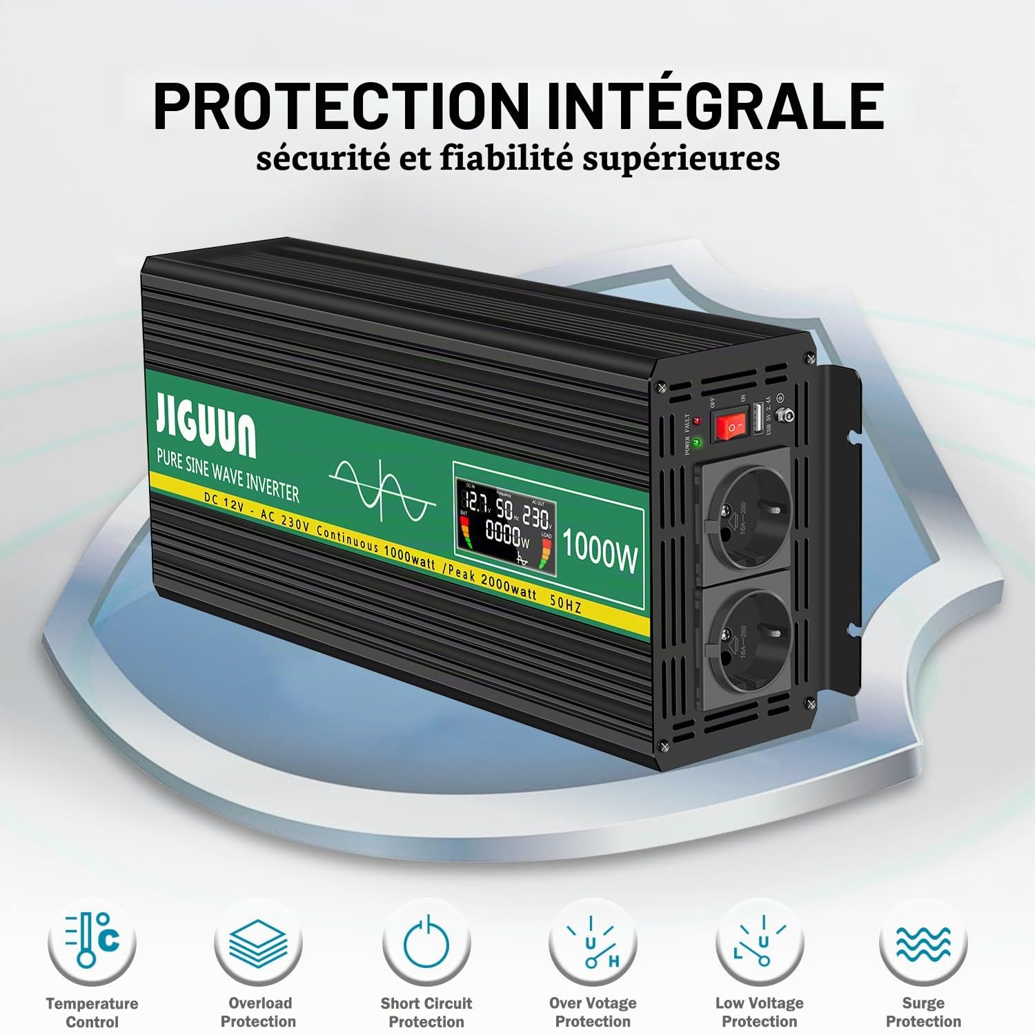 JIGUUN 1000W Convertisseur 12V 220V Pur Sinus Onduleur transformateur Puissance crête 2000W avec Télécommande sans Fil Écran LCD 2 Prises EU 1 Port USB pour Voiture Camping Voyage Urgence