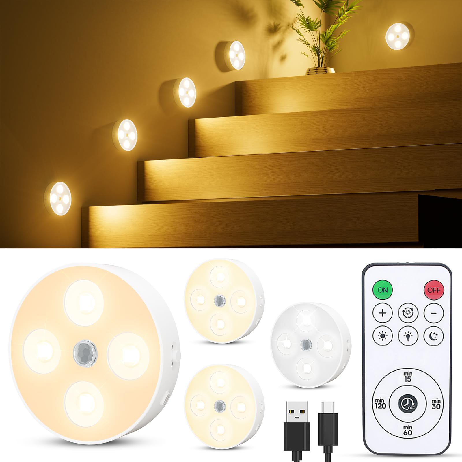 Rechargeable Puck Lights with Remote, 1500mAh Motion Sensor Night Light, 3 Color Temps & Dimmable Stair Lights Indoor, Wireless Stick on Light for Closet, Cabinet, Counter, Bedroom, Kitchen, 4 Pack