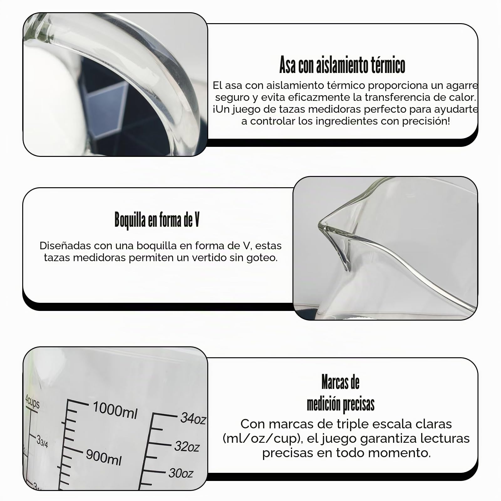 Juego de 3 vasos medidores de cristal con tapa, mango, 350 ml, 500 ml, 1000 ml, tazas de medición de vidrio de borosilicato, resistentes al calor, con escala precisa para cocina y hornear